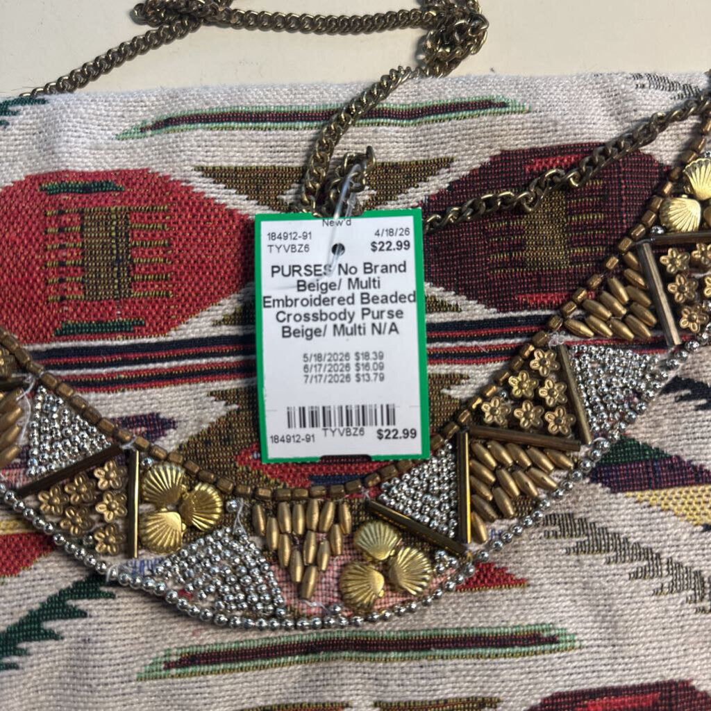 Beige/ Multi Embroidered Beaded Crossbody Purse