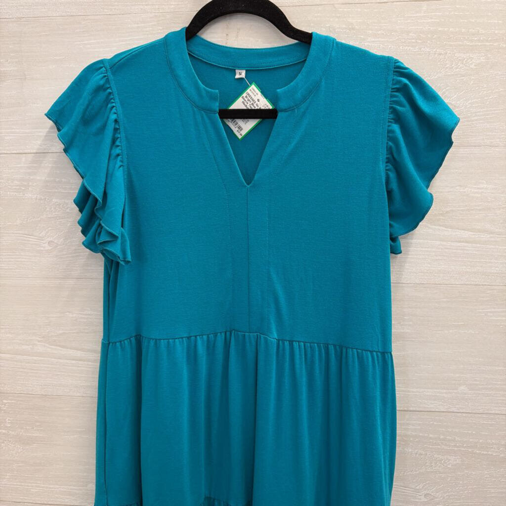 Bright Blue Short Sleeve Tiered Dress Medium