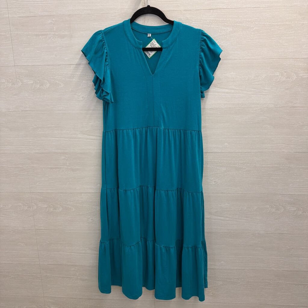 Bright Blue Short Sleeve Tiered Dress Medium