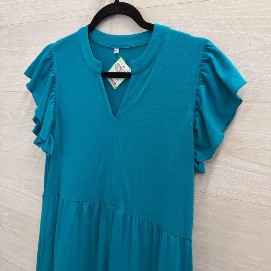 Bright Blue Short Sleeve Tiered Dress Medium