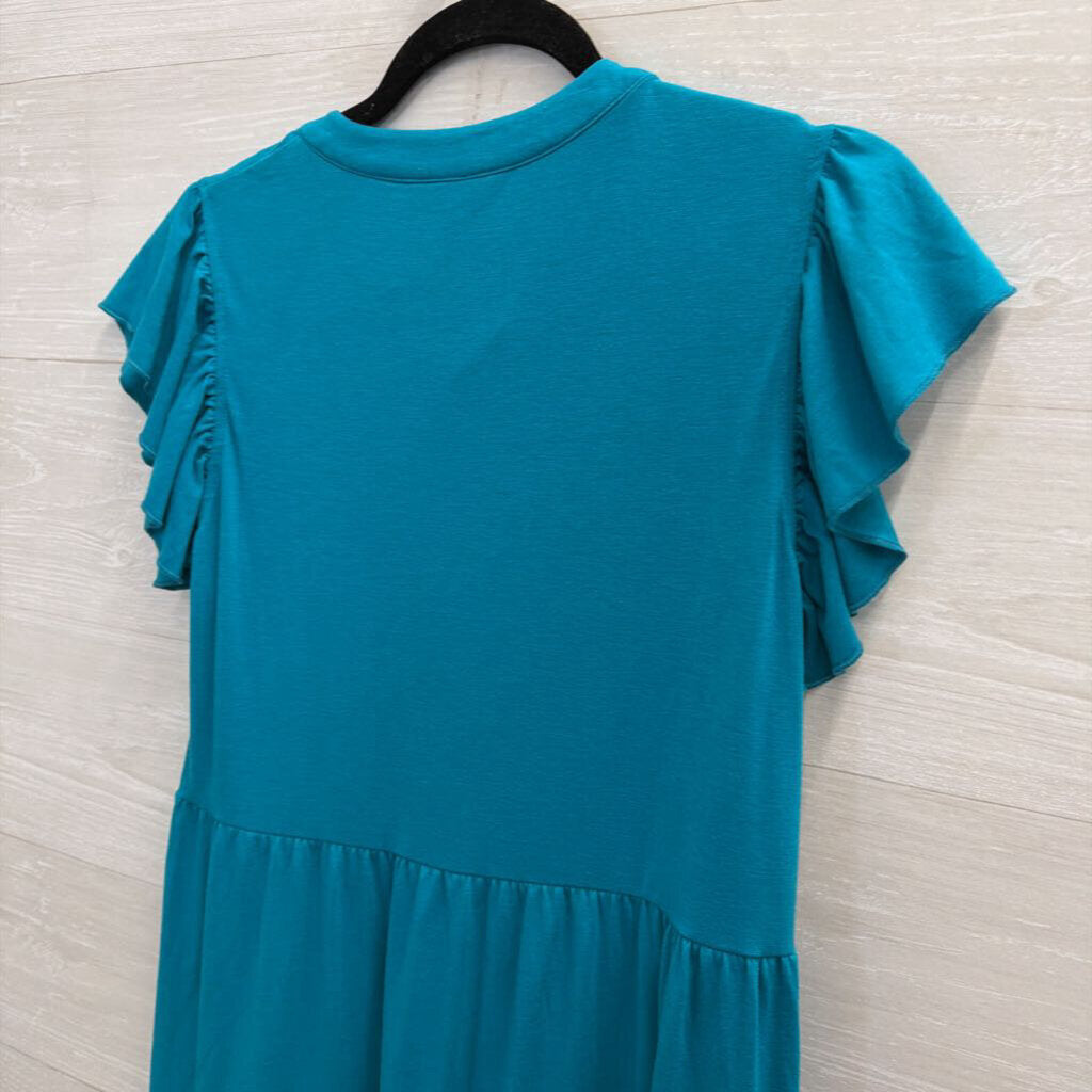 Bright Blue Short Sleeve Tiered Dress Medium