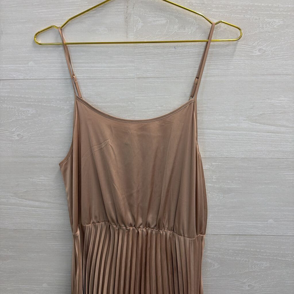 Silky Champagne Pleated Skirt Midi Dress Medium
