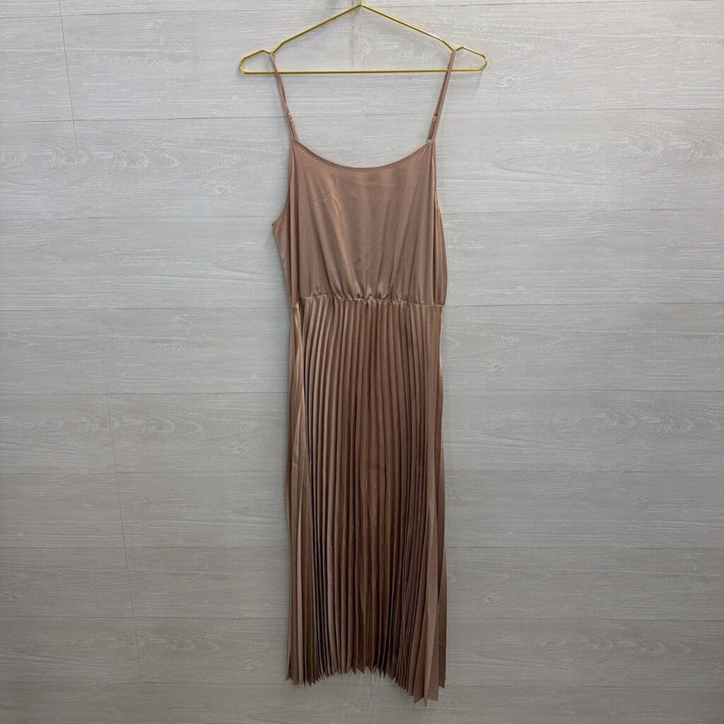 Silky Champagne Pleated Skirt Midi Dress Medium