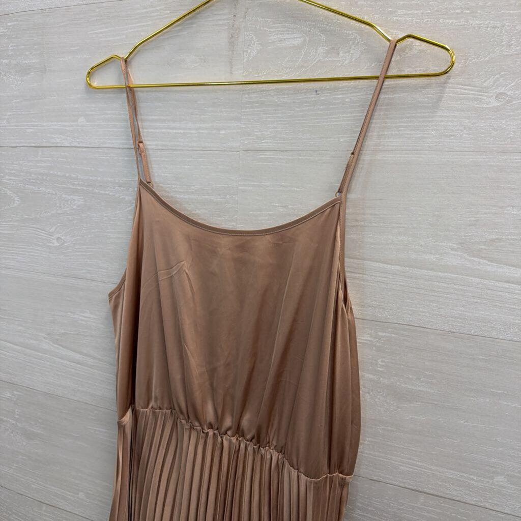 Silky Champagne Pleated Skirt Midi Dress Medium