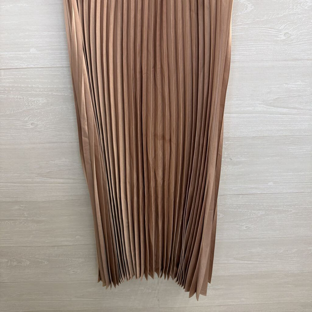 Silky Champagne Pleated Skirt Midi Dress Medium
