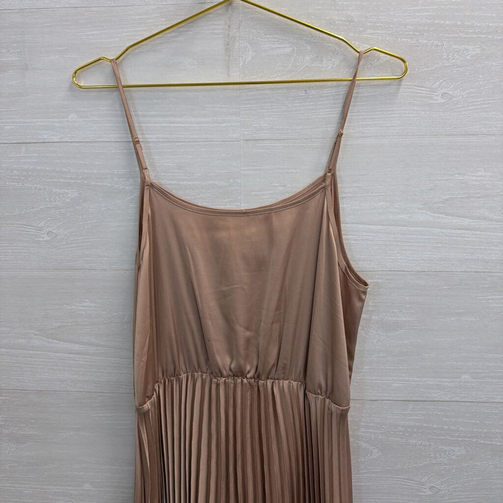 Silky Champagne Pleated Skirt Midi Dress Medium
