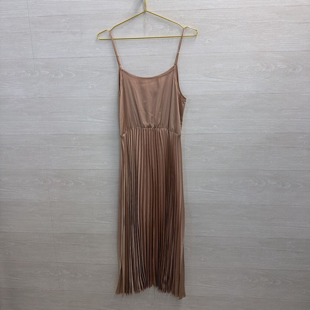Silky Champagne Pleated Skirt Midi Dress Medium