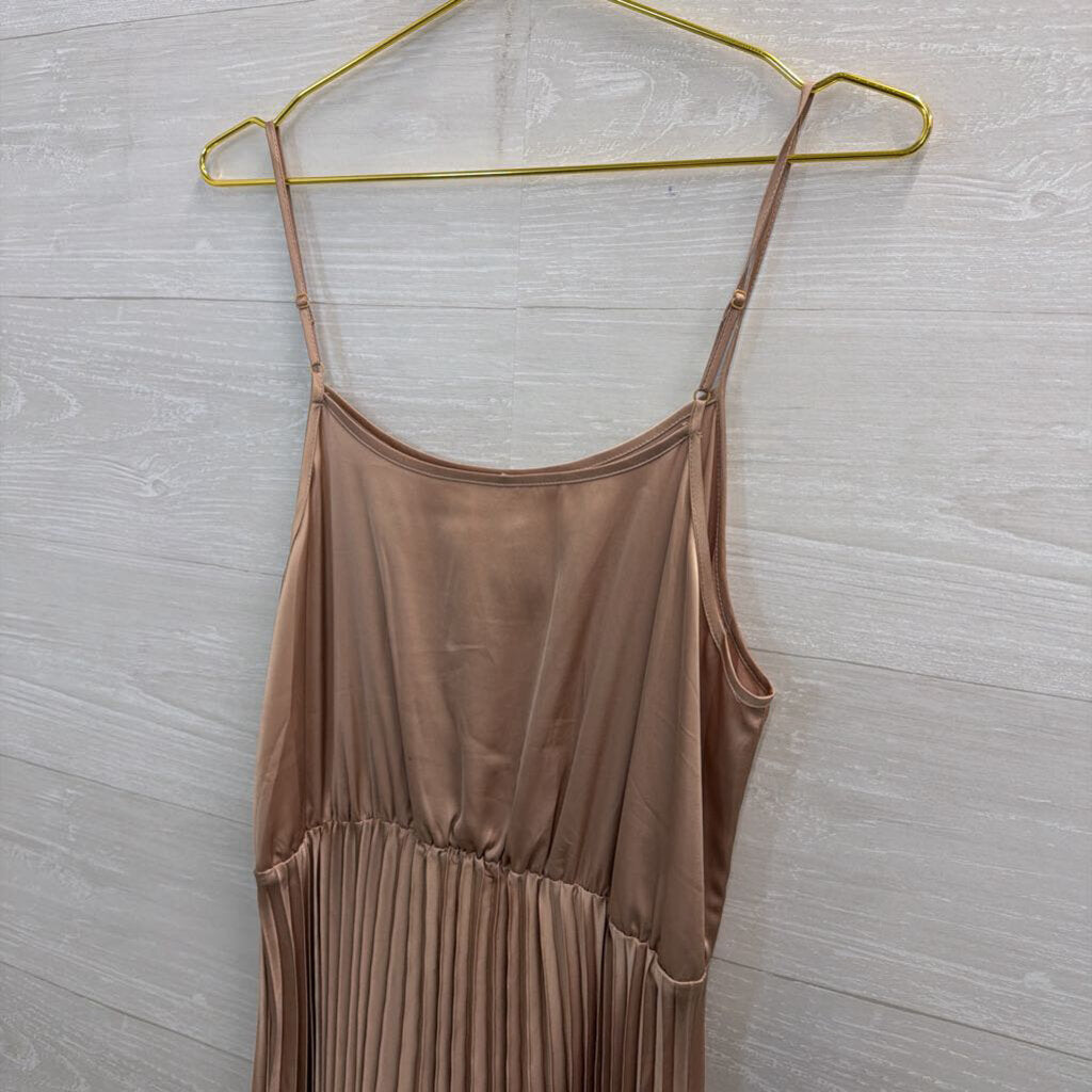 Silky Champagne Pleated Skirt Midi Dress Medium