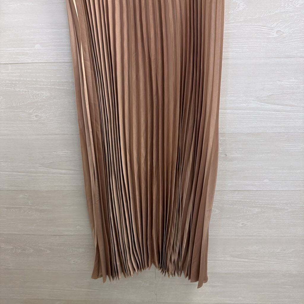 Silky Champagne Pleated Skirt Midi Dress Medium
