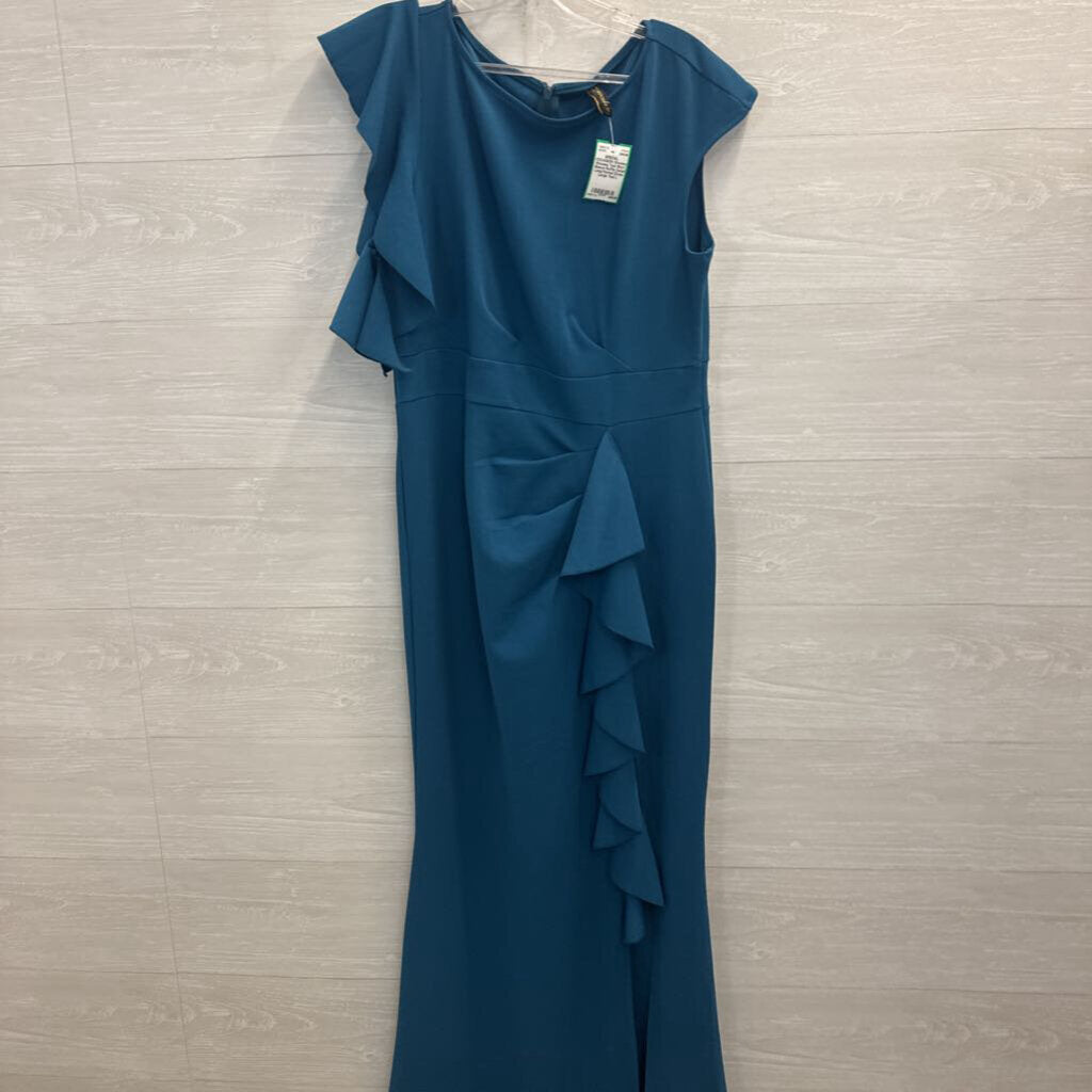 Woosea Teal Short Sleeve Ruffle Detail Long Formal Dress Large