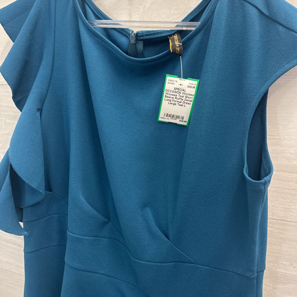 Woosea Teal Short Sleeve Ruffle Detail Long Formal Dress Large