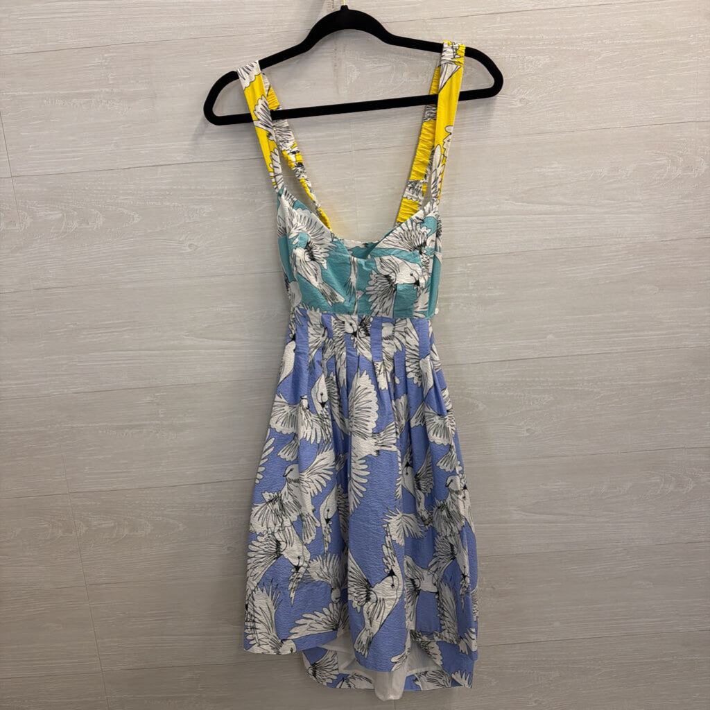 Maeve Blue/ White Bird Print Tie Back Babydoll Dress 10