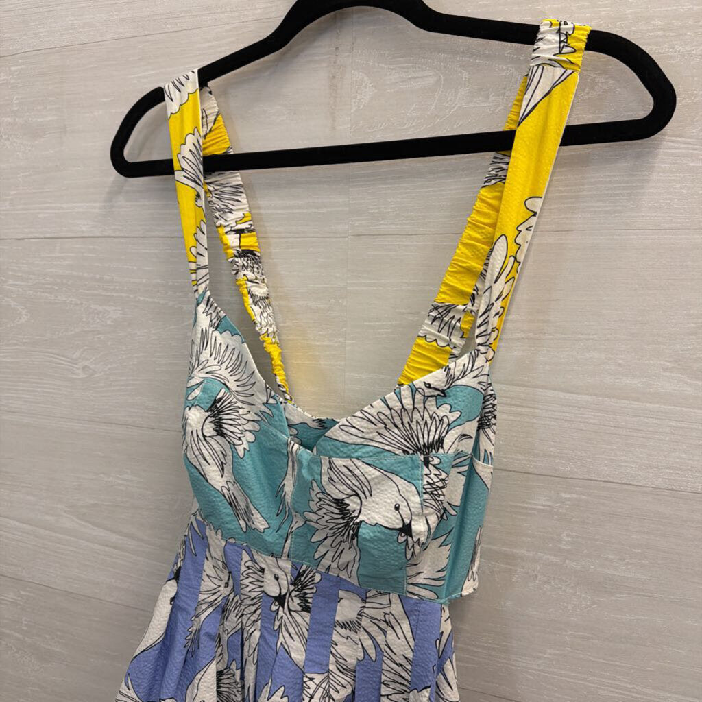 Maeve Blue/ White Bird Print Tie Back Babydoll Dress 10