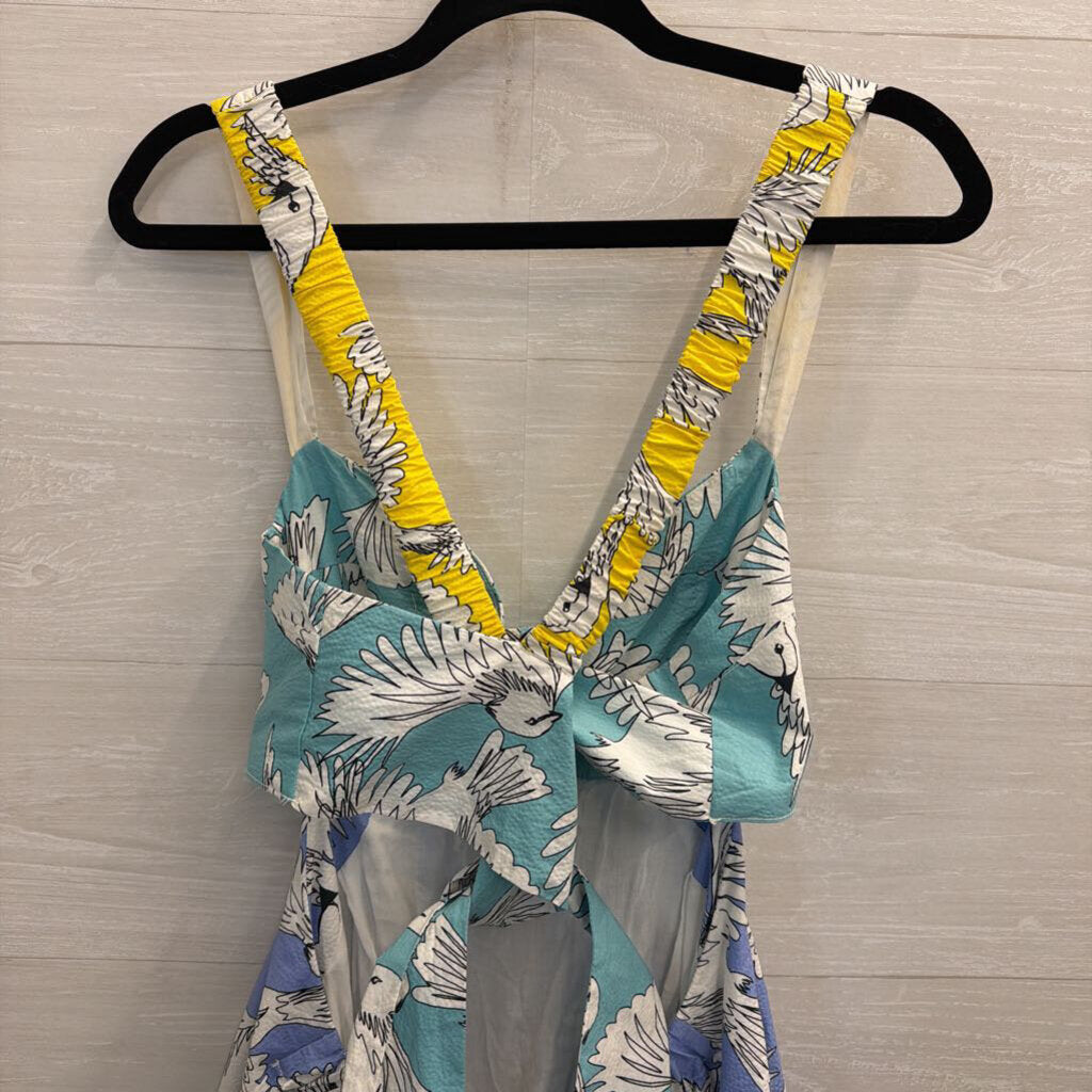 Maeve Blue/ White Bird Print Tie Back Babydoll Dress 10