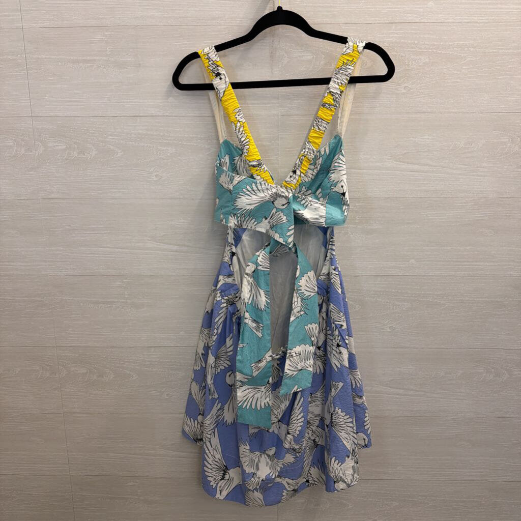 Maeve Blue/ White Bird Print Tie Back Babydoll Dress 10