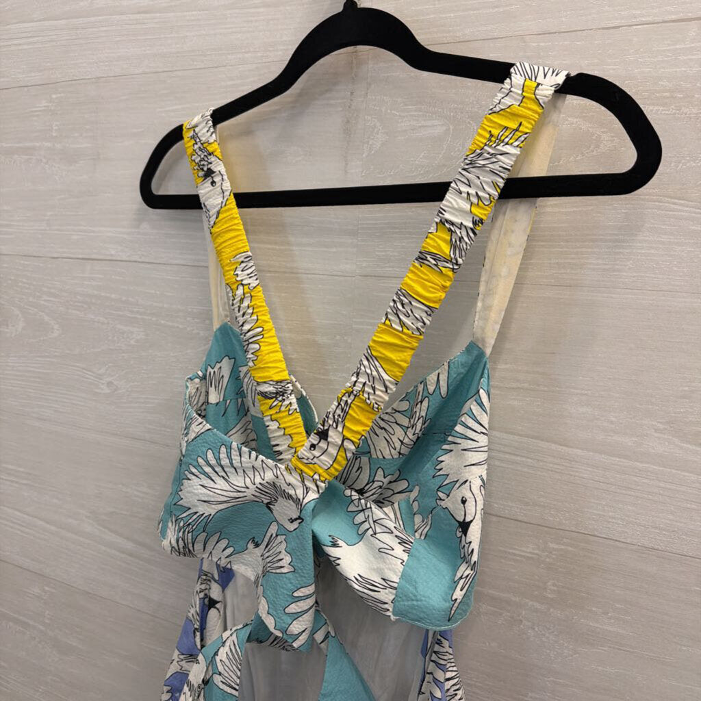 Maeve Blue/ White Bird Print Tie Back Babydoll Dress 10