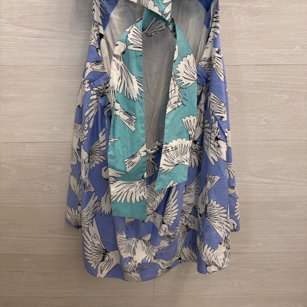 Maeve Blue/ White Bird Print Tie Back Babydoll Dress 10