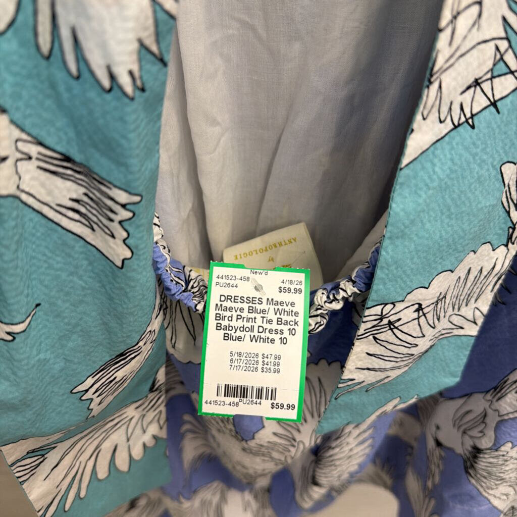 Maeve Blue/ White Bird Print Tie Back Babydoll Dress 10