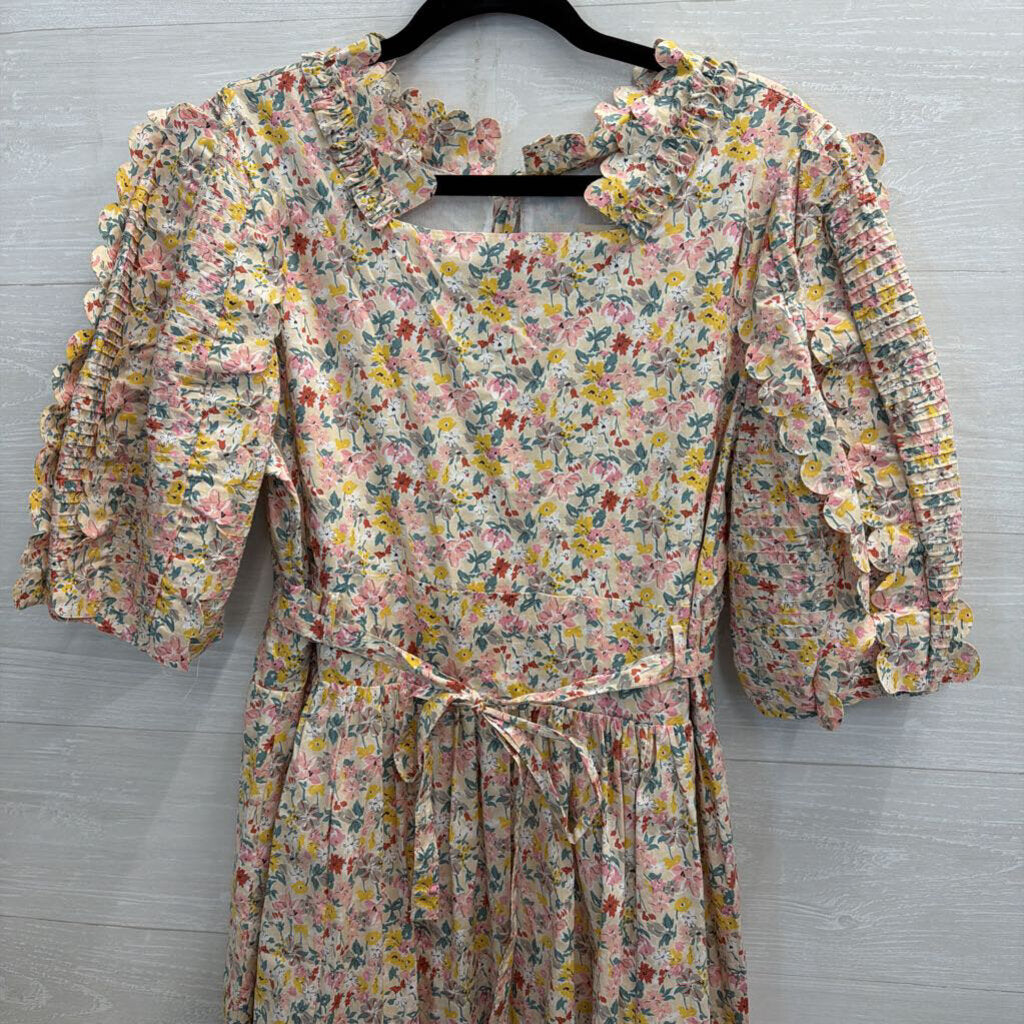 Just Me White/ Multi Floral Print Short Puff Sleeve Tie Waist Maxi Dress Large