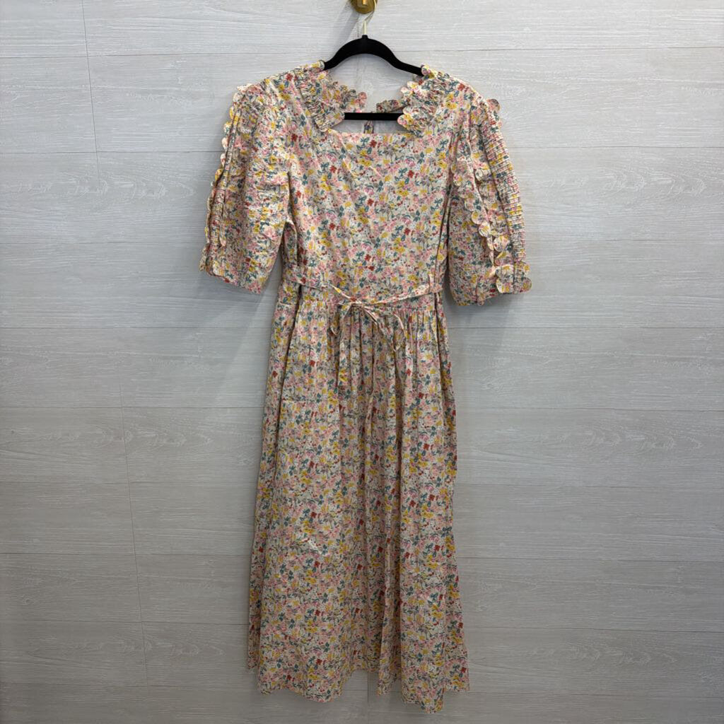 Just Me White/ Multi Floral Print Short Puff Sleeve Tie Waist Maxi Dress Large