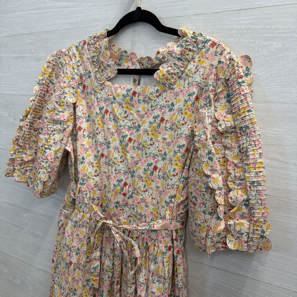 Just Me White/ Multi Floral Print Short Puff Sleeve Tie Waist Maxi Dress Large