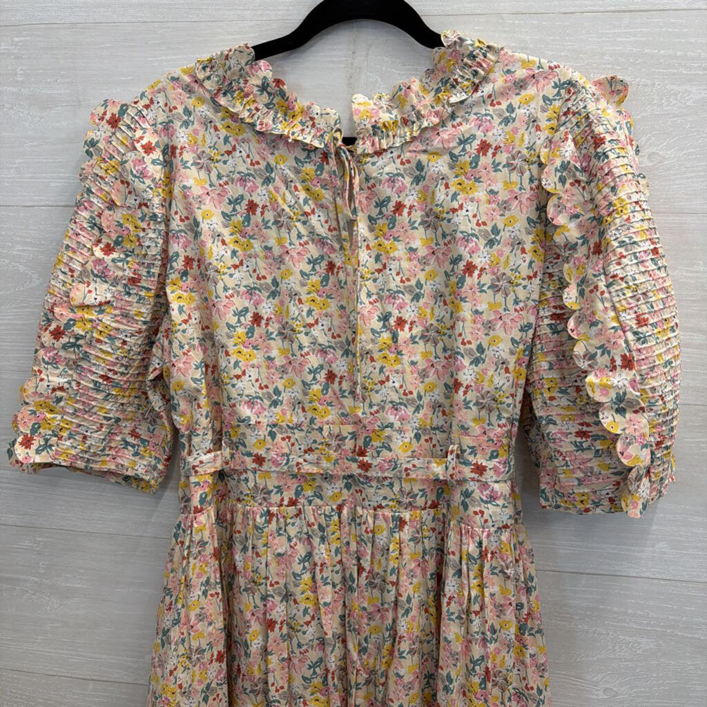 Just Me White/ Multi Floral Print Short Puff Sleeve Tie Waist Maxi Dress Large