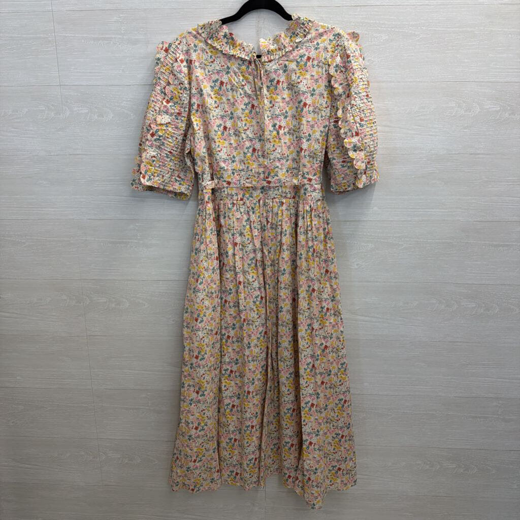 Just Me White/ Multi Floral Print Short Puff Sleeve Tie Waist Maxi Dress Large