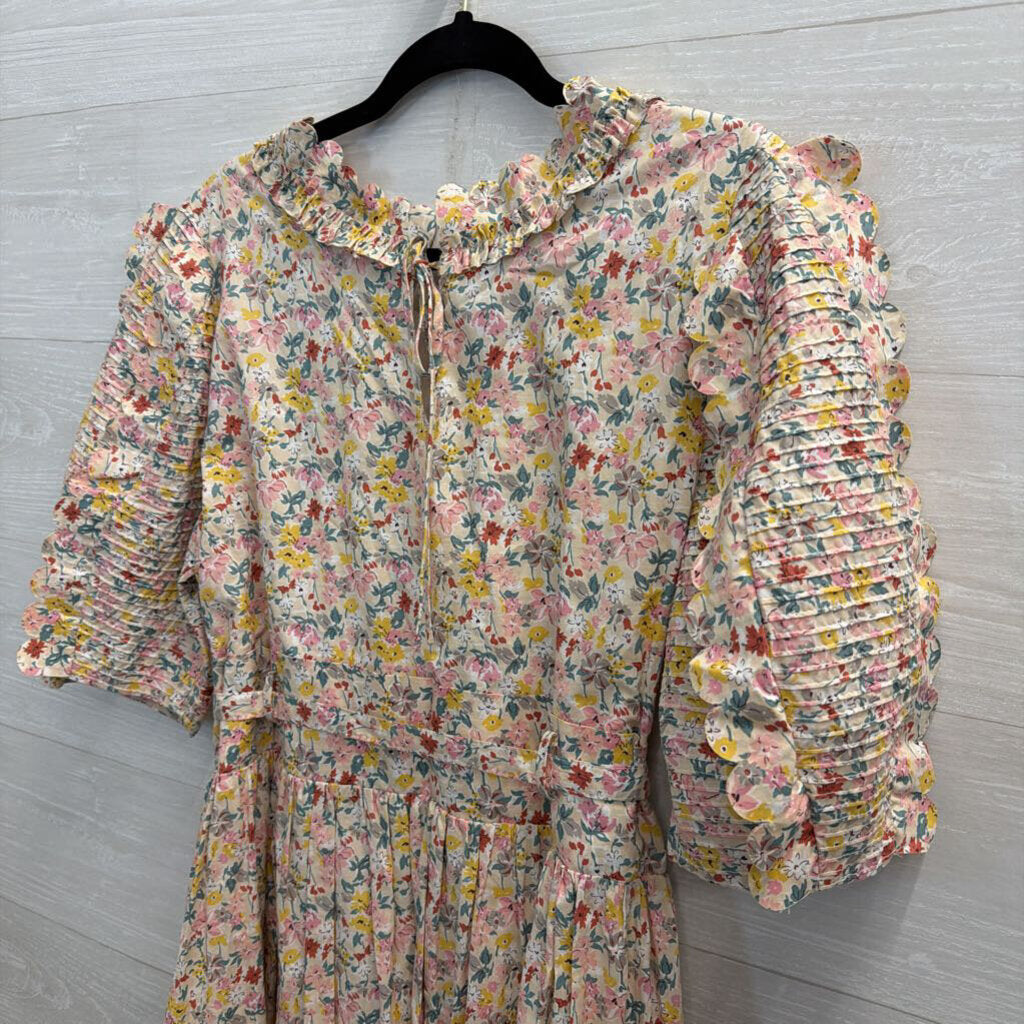 Just Me White/ Multi Floral Print Short Puff Sleeve Tie Waist Maxi Dress Large
