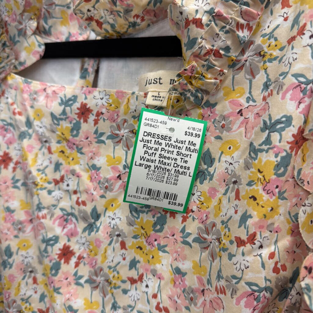 Just Me White/ Multi Floral Print Short Puff Sleeve Tie Waist Maxi Dress Large