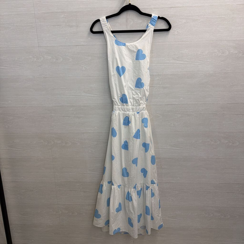 English Factory White/ Blue Hear Print Open Back Midi Dress Large