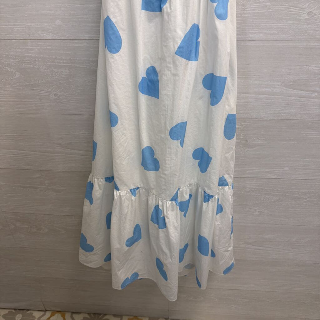 English Factory White/ Blue Hear Print Open Back Midi Dress Large