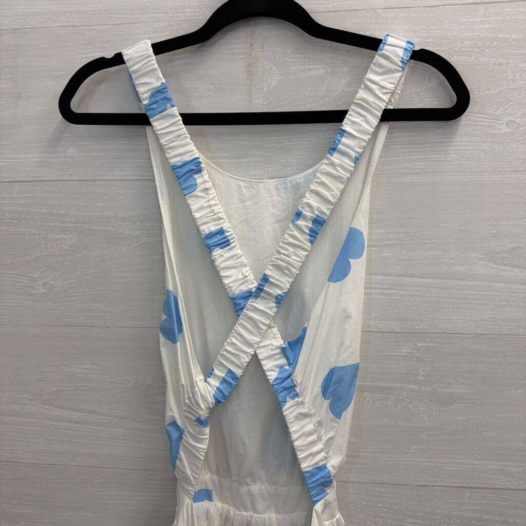 English Factory White/ Blue Hear Print Open Back Midi Dress Large