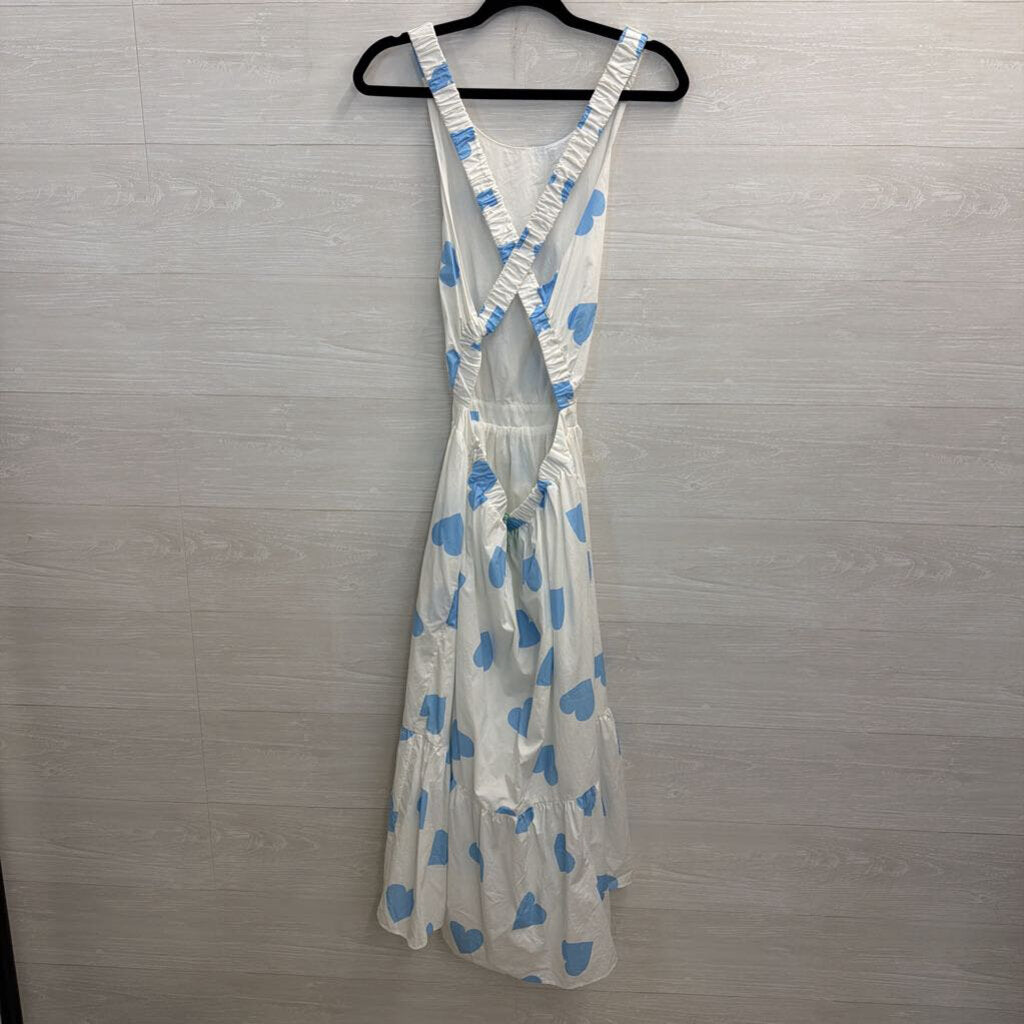 English Factory White/ Blue Hear Print Open Back Midi Dress Large