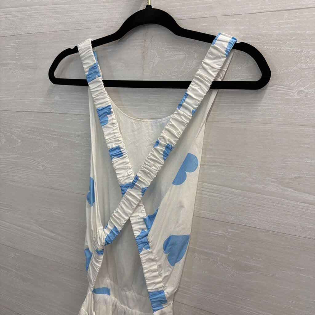 English Factory White/ Blue Hear Print Open Back Midi Dress Large