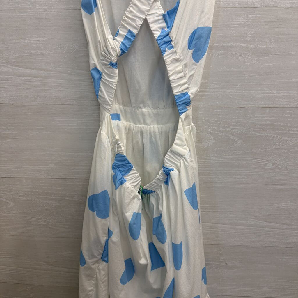 English Factory White/ Blue Hear Print Open Back Midi Dress Large