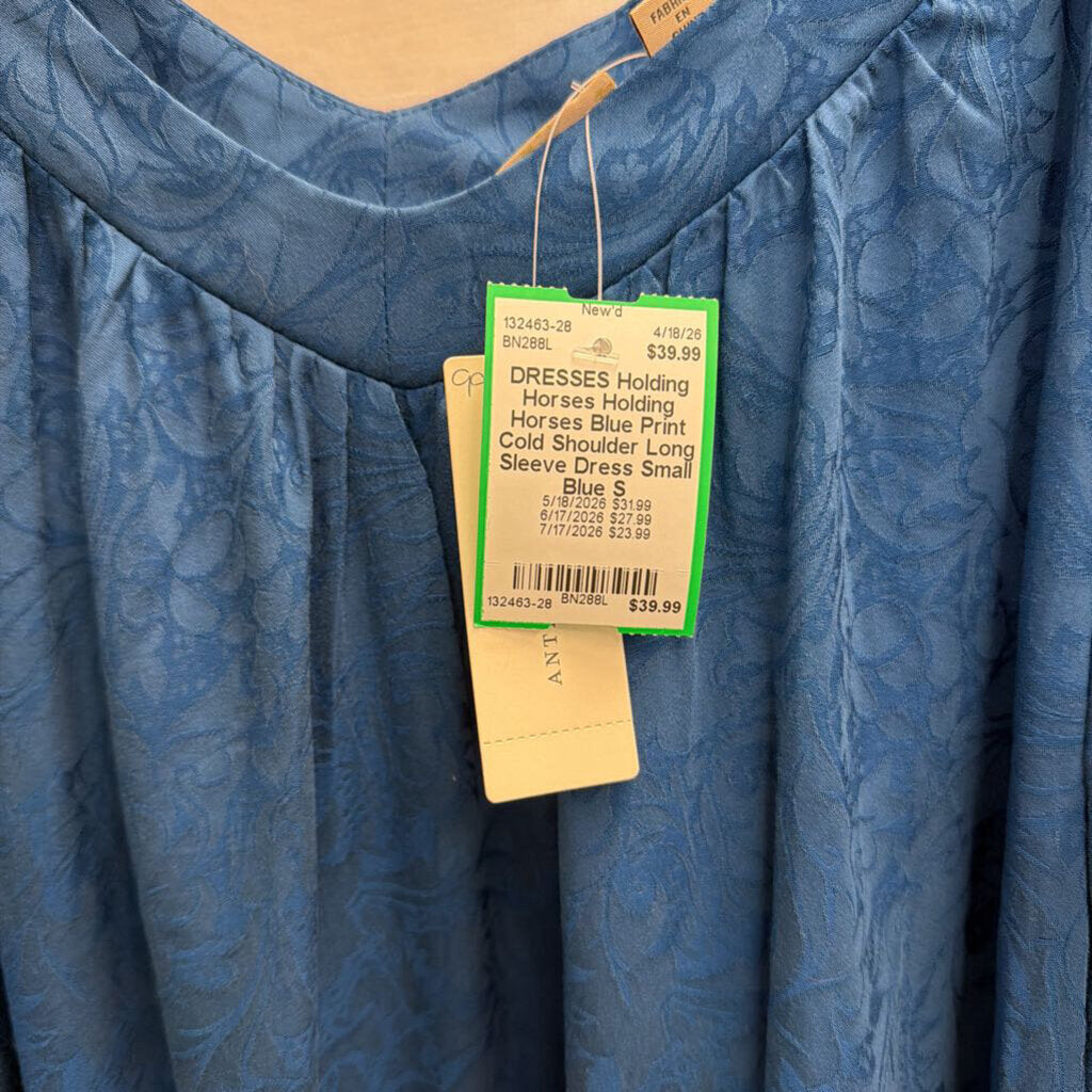 Holding Horses Blue Print Cold Shoulder Long Sleeve Dress Small