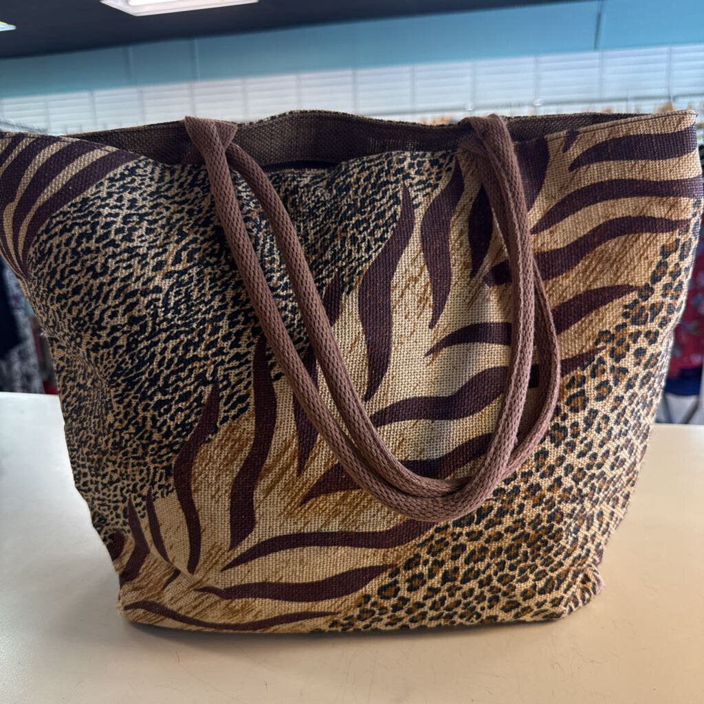 Cappelli Brown Animal Print Straw Tote Purse