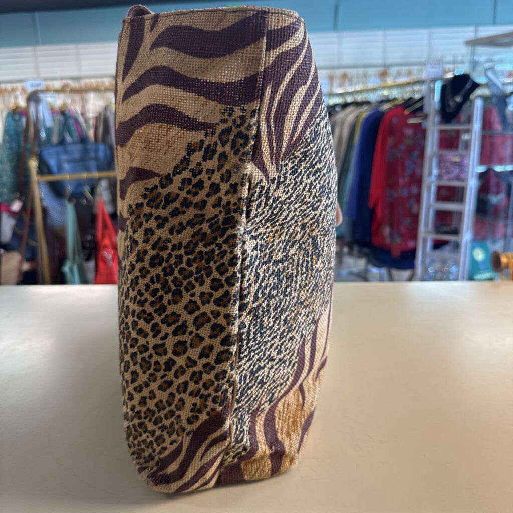 Cappelli Brown Animal Print Straw Tote Purse