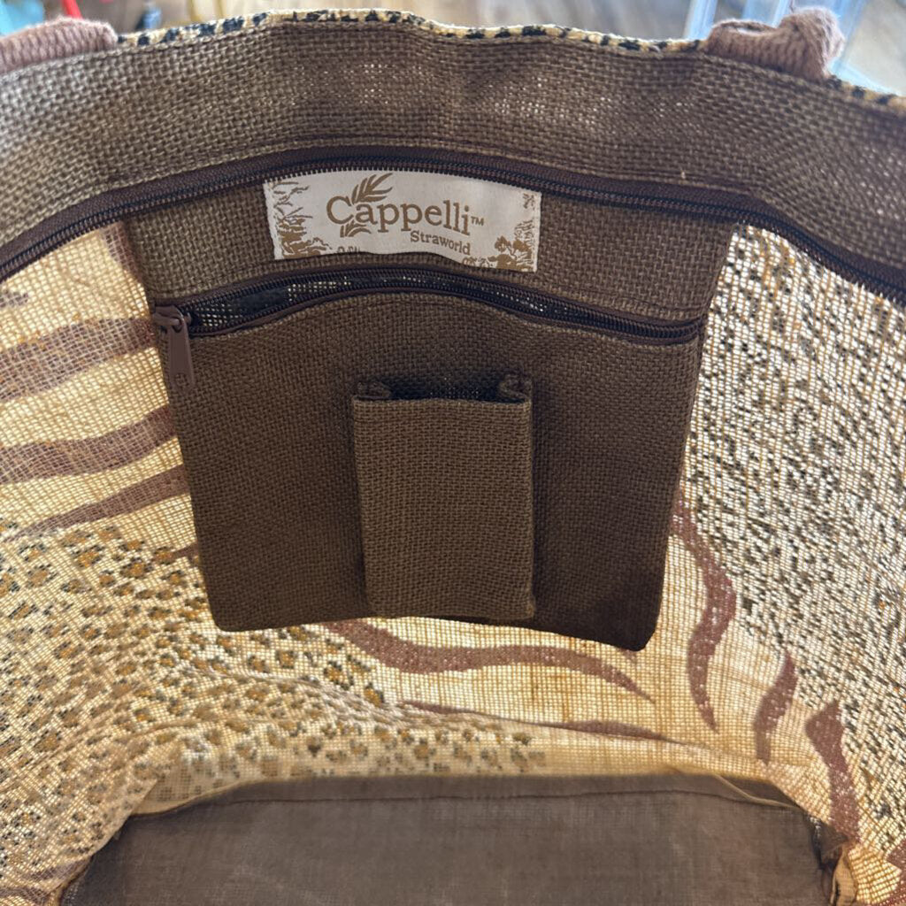 Cappelli Brown Animal Print Straw Tote Purse
