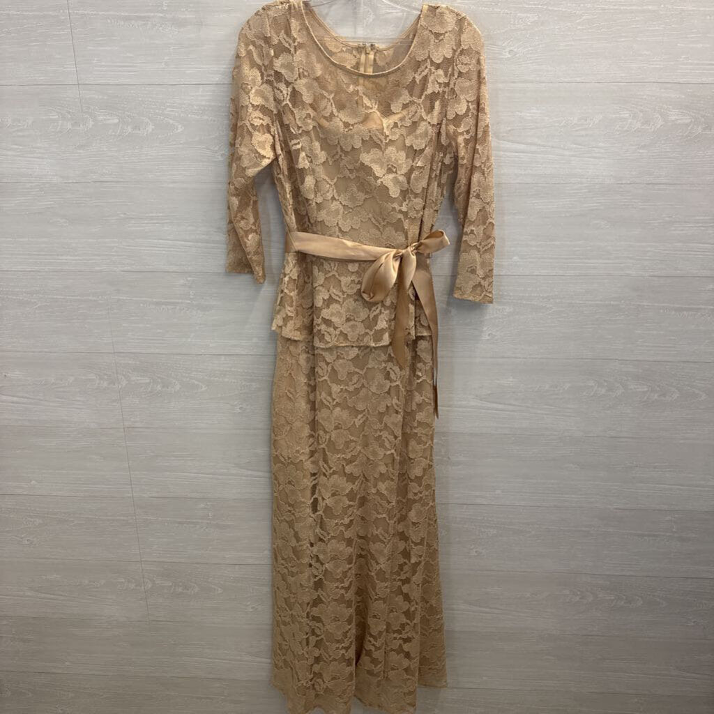 Leslie Fay Gold Lace Long Sleeve Tie Waist Long Formal Dress 6