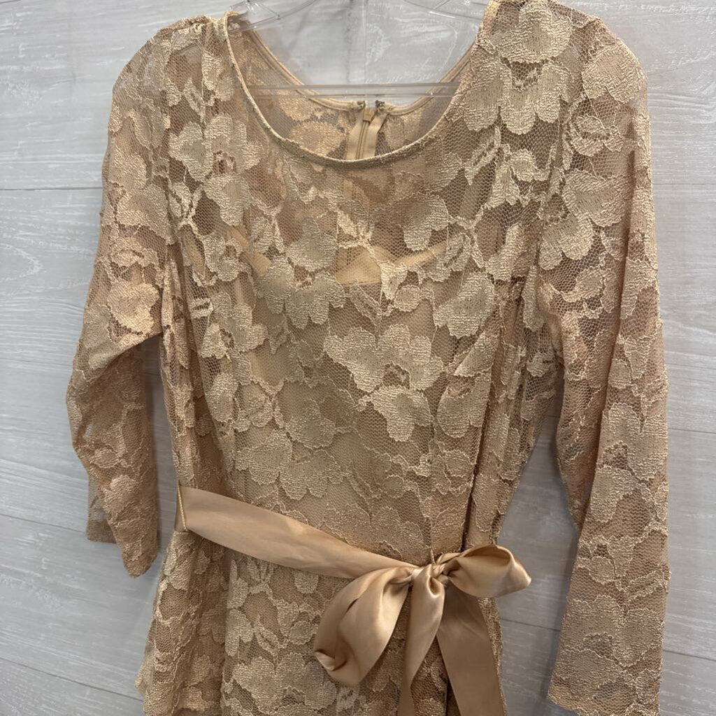 Leslie Fay Gold Lace Long Sleeve Tie Waist Long Formal Dress 6