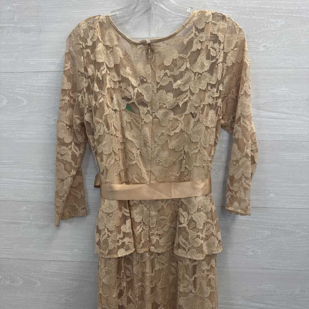 Leslie Fay Gold Lace Long Sleeve Tie Waist Long Formal Dress 6