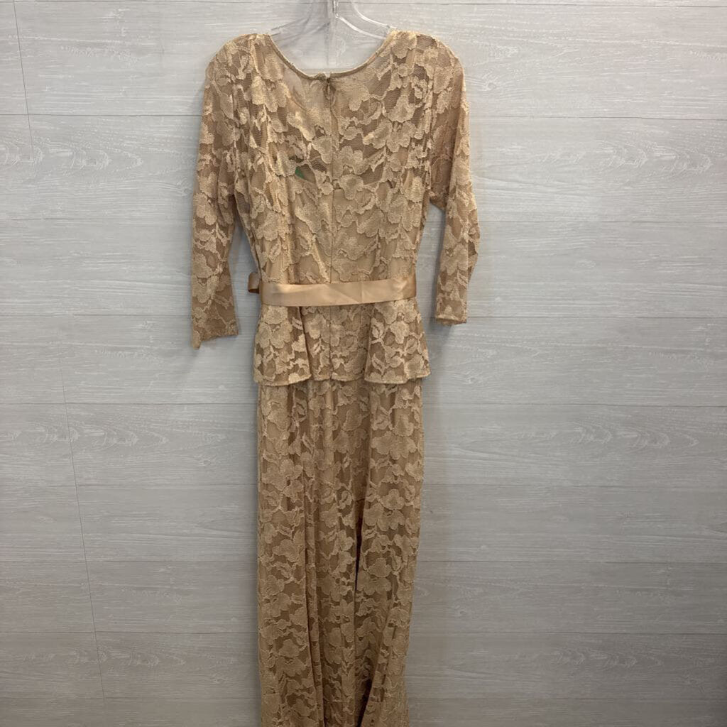 Leslie Fay Gold Lace Long Sleeve Tie Waist Long Formal Dress 6