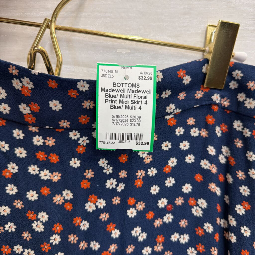 Madewell Blue/ Multi Floral Print Midi Skirt 4