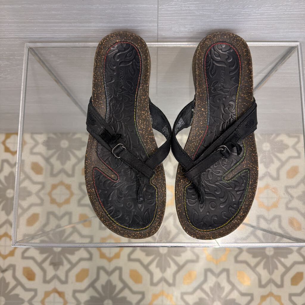 Teva Black Leather Ventura Thong Sandals 6