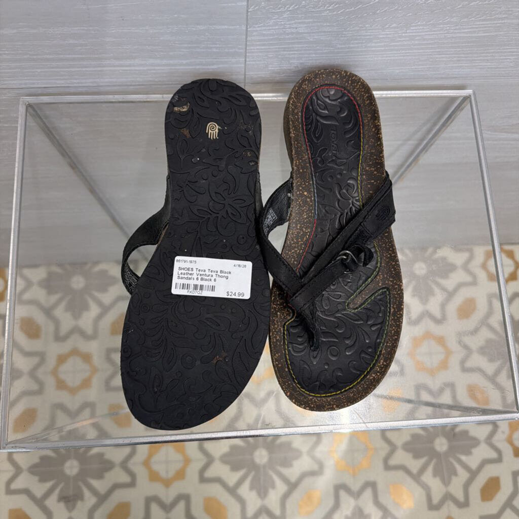 Teva Black Leather Ventura Thong Sandals 6