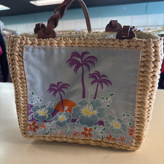 Vintage Chateau Natural/ Multi Straw Tropical Print Purse
