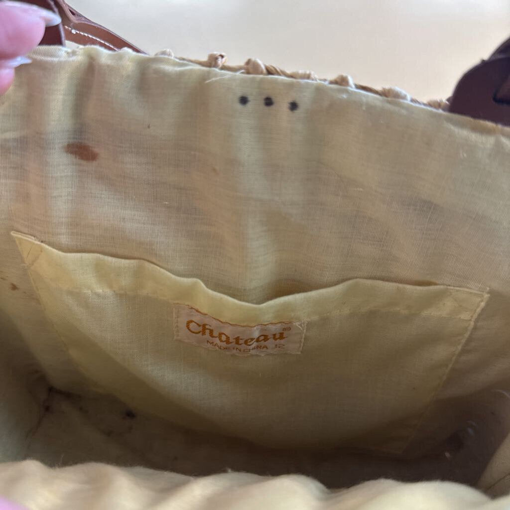 Vintage Chateau Natural/ Multi Straw Tropical Print Purse