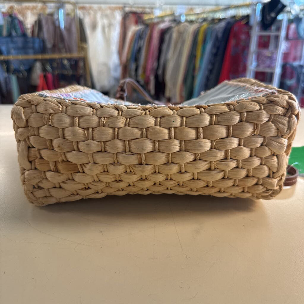 Vintage Chateau Natural/ Multi Straw Tropical Print Purse