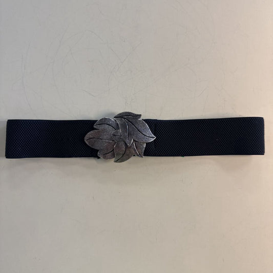 Black/ Silver Leaf Buckle Stretchy Belt Small